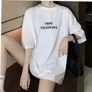 캐주얼룩 여성 오버핏 옆트임 빈티지 라운드넥 레터링 반팔티