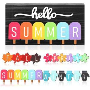 Rowest 5개 Hello Summer 교체 가능 간판 계절 간판 가을 겨울 봄 층별 트레이 장식 5.9 x 3 인치 나무 4 계절 농가 테이블 중앙 장식 가정용 선반 사무실(기본)