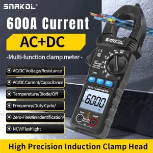 스나콜 디지털 클램프 미터 600A 전류 트루 RMS 스마트 플라이어 자동 범위 멀티미터 DC AC 전압 Hz 옴 NCV