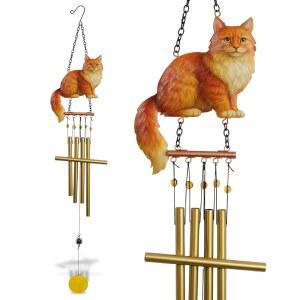 GINGER LONGHAIR 고양이 풍경 - 반려동물 톤 악센트, 파티오 비즈 86.4CM(34인치) 테마 현관 DS-3L 튜브와 장식 걸이 골드 금속 실내 장식, 실외 정원