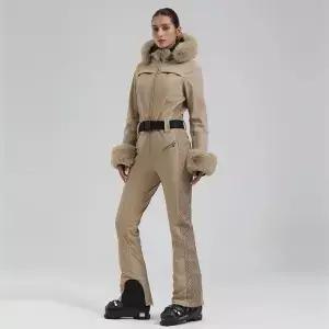 GSOU SNOW 스키 복 여성 원피스 Snowsuit 슬림 점프 슈트 모피 스노우 보드 방수 방풍 절연 따뜻한 후드