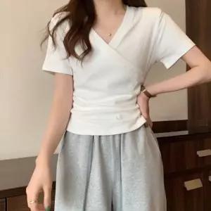 [하프클럽/알티피아]반팔 티셔츠 여성 브이넥 랩 슬림 상의