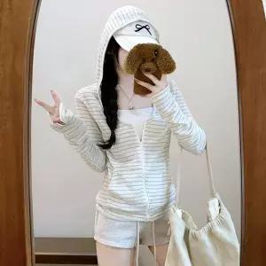 [RIZPICK]데일리 단가라 아이스 쿨 후드 집업 골지티셔츠 스트라이프티
