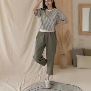 여성 여름 9부 배기핏 옆버튼 절개 면바지_25965692_588872