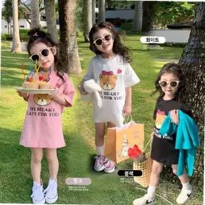 친자 모녀 곰돌이 프린트 반소매 긴기장 티셔츠 통학 일상 홈웨어 여자아이 여름옷