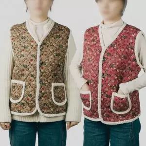 할머니 융털 융기모 방한 조끼 꽃무늬 김장조끼