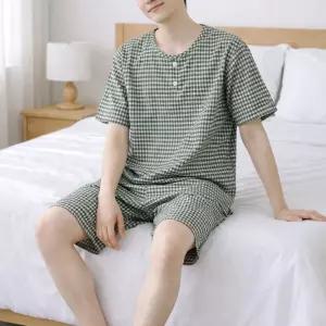남자 홈웨어 잠옷세트 반팔상의+반바지 체크 여름 고무줄 파자마 빅사이즈
