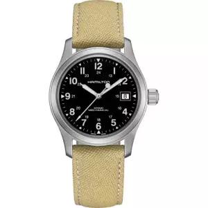 해밀턴 카키 필드 기계식 남성 시계, 38mm 스테인리스 스틸 케이스, 스위스 제작, 검은색 다이얼 아날로그