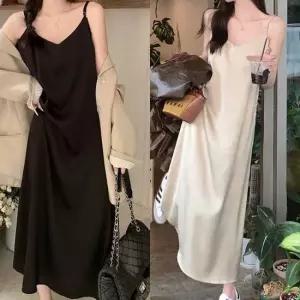 새틴 나시 롱원피스 a라인 끈나시 조절 브이넥 휴가룩 반팔원피스