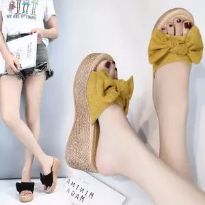 여성 스웨이드 리본 7cm 통굽 샌들 슬리퍼 가벼운신발 사무용