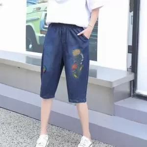 밴딩청바지 밴딩 자수 7부 청바지 여자 여름 데님 팬츠