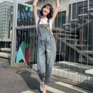 캐쥬얼데님패션 여성 캐주얼 데님 9부 롤업 팬츠 연청 멜빵 바지