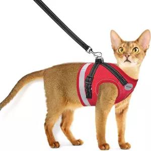 산책용 고양이 하네스와 목줄 탈출 방지 끈 세트가 있는 조절 가능한 반사형 강아지 부드러운 그물 통기성