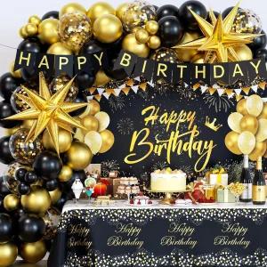 남성 여성을 위한 블랙 앤 골드 생일 장식 배경 식탁보 금박 풍선 배너 파티 아치 71개