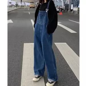 캐주얼멜빵바지 진청 와이드핏 여성 청 멜빵 바지 (M~XL) 데님 통바지