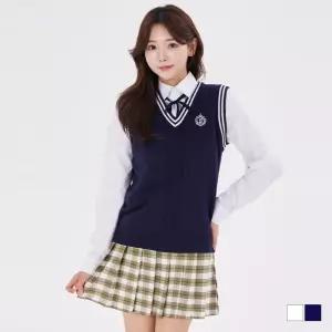 남녀공용 두줄라인 크라운 자수 스웨터 니트조끼