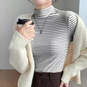 친절한탄씨 여성 기모 폴라티 긴팔 티셔츠 반목 터틀넥 이너 줄무늬 목티 반목티셔츠 여성티셔츠
