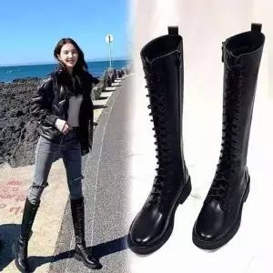 [하프클럽/셀럽하우스]레이스업 방한 여성 기모부츠 롱부츠 겨울 블랙 따뜻한