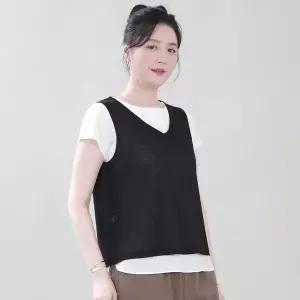 [하프클럽/] 엄마옷 브이 스판 여성 여름 단추장식 옆트임 숏 크랍 조끼 V0663
