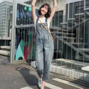 여성 캐주얼 데님 9부 롤업 팬츠 연청 멜빵 바지 여름멜빵코디 9부롤업바지 여자멜빵바지