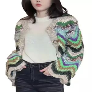 패턴 가디건 탑 여성용 남녀공용 봄 루즈핏 여성 가을 허리길이 브이넥 니트 기본