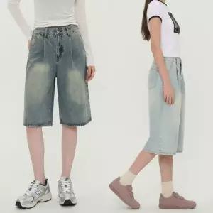 [하프클럽/]여성용 2단기장 숏/롱 워싱 핀턱 버뮤다 데님팬츠