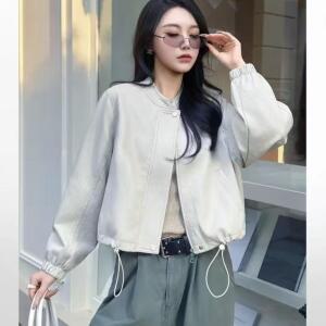 원픽 여성 봄 코트 가죽 상의 긴팔 캐주얼 밑단 스트링