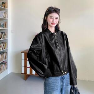원픽 여성 브라운 빈티지 차이나 숏 라이더 가죽 코트 봄 시크하고 솨솨한 PU가죽 재킷