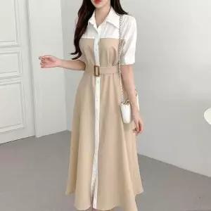 [오노마] ONM 퍼프소매 배색 A라인 롱원피스 벨트포인트 하객룩 17065508)