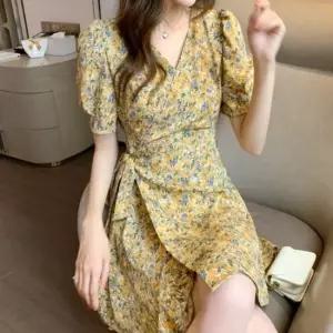 [오노마] ONM 여성 노란색 꽃무늬 랩원피스 프릴 브이넥 봄 여름 17067142)