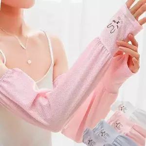 여름 자외선 차단 토끼 자수 팔 쿨토시 핑거홀 핸드워머 암워머 손등 커버 냉감
