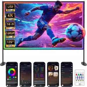 스탠드가 있는 120인치 야외 프로젝션 스크린 스마트 RGB+IC 스트링 라이트 4K 16 9 주름 방지 영화 뒷마당