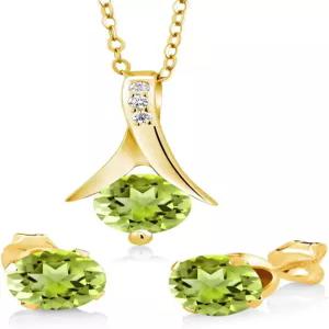 보석왕 18K 옐로우 골드 도금 실버 그린 페리도트 펜던트 및 귀걸이 여성용 세트 3.00 Cttw 6MM 원형