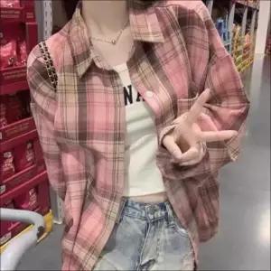 오너클랜 셔츠 여성 체크 남방 루즈핏 간절기 긴팔 가을체크셔츠 핑크셔츠 여성체크셔츠