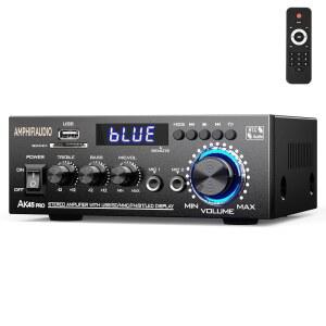 AK45 프로 스테레오 앰프 홈 오디오 리시버 정격 전력 50W x2 최대 800W 블루투스 5.0 2.0 채널 리시버홈 시어터 스피커용 /USB /SD /RCA / 2 MIC 포함