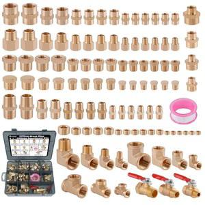 아일비우코 105PCS 황동 파이프 피팅 모음 키트 NPT 어댑터, 감속기 부싱, 헥스 니플, 환원 헥스 커플링, 90도 스트리트 엘보우, 스트리트 티, 볼 밸브, 헥스 헤드 플러그, 소켓 플러그 피팅 키트