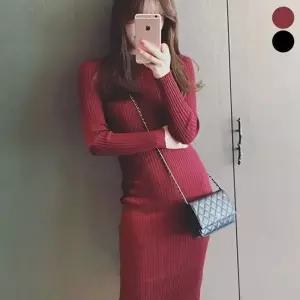 [하프클럽/]니트 원피스 반팔 롱 프릴 골지 미디 타이트핏