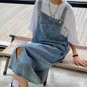 [하프클럽/]멜빵롱스커트 데님 롱치마 멜빵원피스 데일리룩