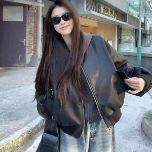 원픽 여성 빈티지 가죽 점퍼 춘추 PU가죽 재킷 기관차 상하의 B