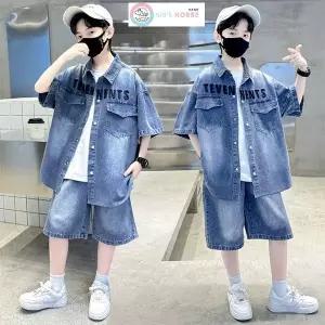 키즈목마 남아 여름 청 세트 초등생 루즈핏 주니어 반팔 반바지 초중생 청반팔 청바지 영문 상하의 639