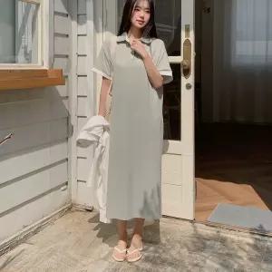 핫핑 [쾌적/카라원피스] 셀레드 카라 배색반팔 사이드슬릿 롱원피스
