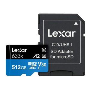 Lexar 고성능 633x 512GB microSDXC UHS-I 카드, SD 어댑터, C10, U3, V30, A2, 풀 HD 및 4K 비디오, 최대 100MB/s 읽기, 스마트폰, 태블릿 액션 카메라(LSDMI512BBNL633A)용