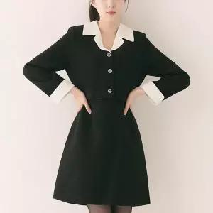 [로엠]배색카라 트위드 2in1 원피스 (RMOWE11R13-T)