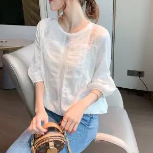 여성 셔츠 봄여름 면 7부 소매 라운드넥 캐주