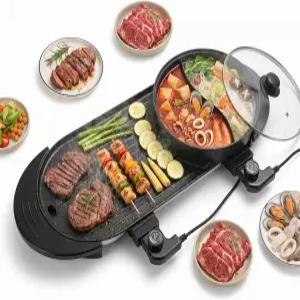 27인치 전골과 그릴 전기 바비큐 콤보 2200W 실내 한식 듀얼 온도 조절 대형 샤부 냄비 212명용 논스틱