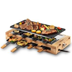 실내 그릴, 쿠시맥스 라클렛 테이블 그릴, 1500W 전기 그릴 식 바비큐 그릴, 2 in 1 리버서블 논스틱 플레이트/우드 베이스, 트레이 8개와 나무 주걱이 있는 파티 그릴, 신모델
