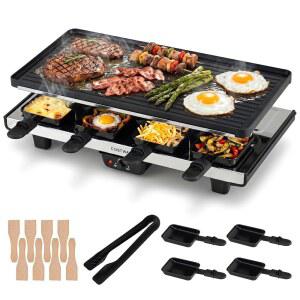 8인용, 2-in-1 테이블 그릴 및 그릴용 코스트웨이 라클렛 그릴, 리버서블 논스틱 플레이트, 치즈 팬 8개, 나무 주걱 8개, 통 및 조절 가능한 온도 조절기, 실내외용 1400W 전기 그릴