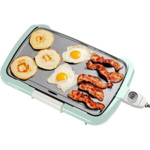 16 x 10 인치 평평한 논스틱 조리 표면이 있는 OVENTE 전기 그릴, 탈착식 및 조절 가능한 온도 조절, 즉석 아침 식사를 위한 실내 그릴, 팬케이크, 계란 또는 버거, 블루 GD1610LBL