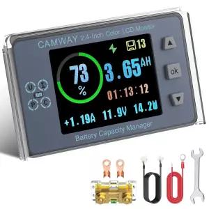 캠웨이 션트 배터리 모니터 0-500A 8-120V 10FT 차폐 와이어 고전압/저전압 알람 전원 끄기 메모리 RV용