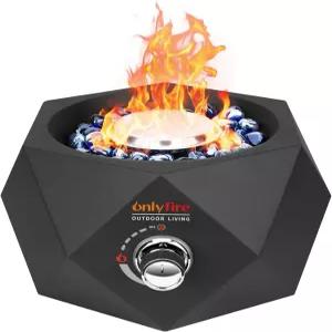 ONLYFIRE 야외 리빙 불 구덩이 하단 장착 테이블용 유리석이 있는 14인치 휴대용 가스 파티오 캠핑 모닥불